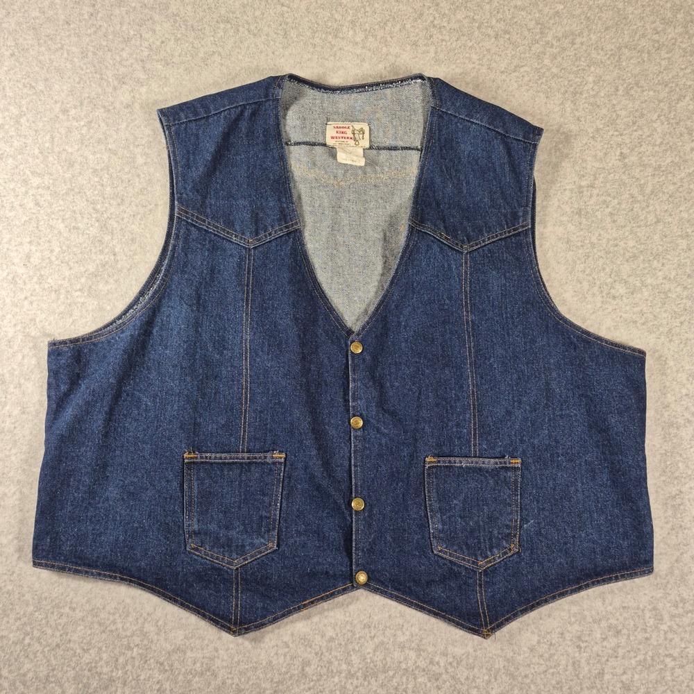 Vintage Saddle King Western Denim Vest Mens 4XL Blue Snap Front Made in USA